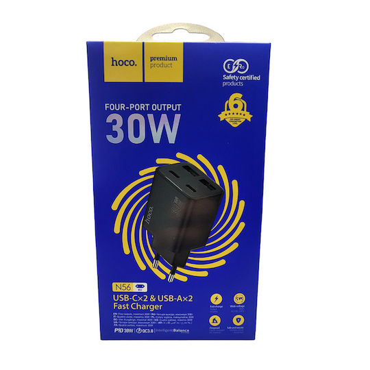 Hoco Зарядно без кабел с 2 USB-A порта и 2 USB-C порта 30W Power Delivery / Quick Charge 3.0 Черен (N56 Fundador)