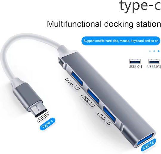 ATC Hub 4 Θυρών USB 2.0 με σύνδεση USB-C Γκρι