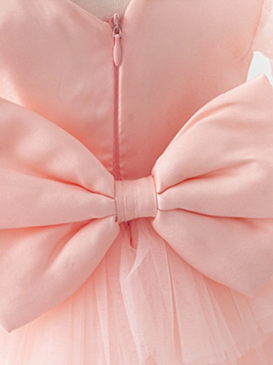 Pugi Flowers Salmon Baptism Clothes Set with Hair Accessories and Lace Dress 2 Pieces