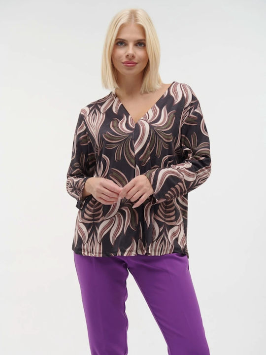 Women's Blouse Long Sleeve with V Neckline Black