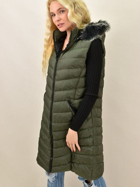 Γυναικείο Αμάνικο Μπουφάν Κουκούλα Χακί 13844
