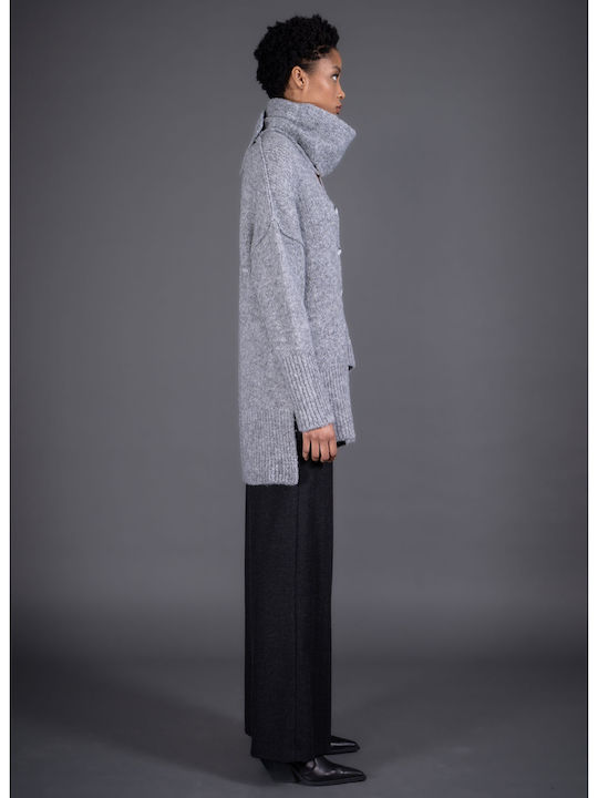 Lange Gestrickte Damen Strickjacke mit Knöpfen Grau