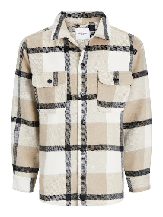 Long Sleeve Flannel Overshirt in Regular Fit Checked Crockery Beige