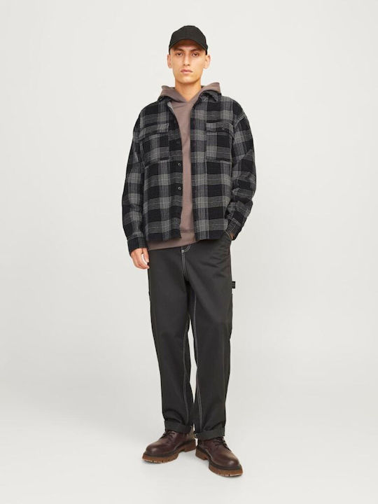 Μακρυμάνικo Κοτλέ Overshirt σε Φαρδιά Γραμμή Καρό Μαύρο