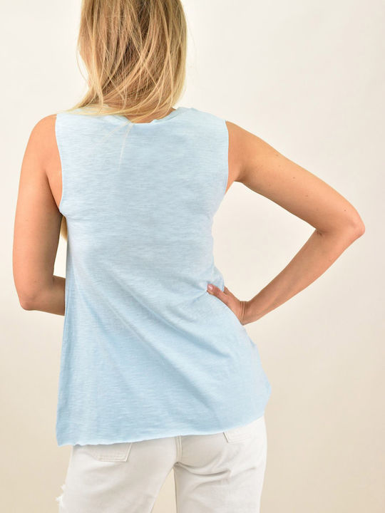 Women's Blouse Cotton Short Sleeve with V Neckline Light Blue