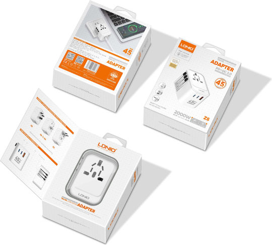 Universal Travel Adapter Gan 45w 2xusb-c Usb-a