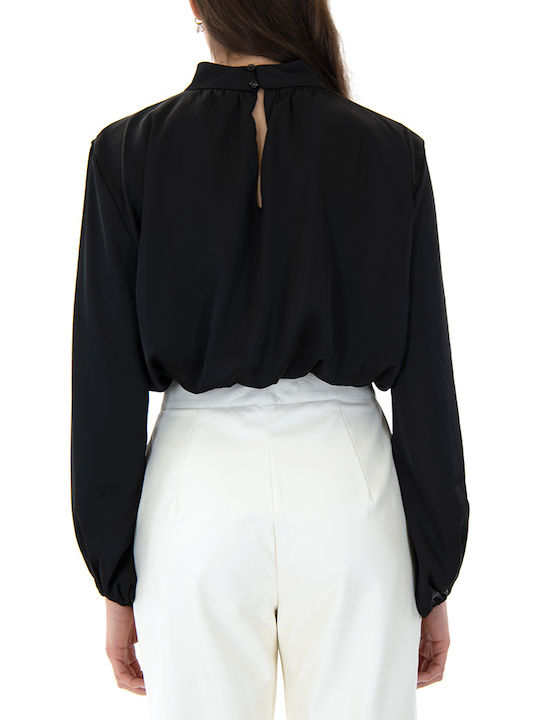 Women's Crop Top Satin Long Sleeve Black