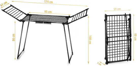 Metal Clothes Drying Rack Strong Construction Telescopic Sliding Wings Non-slip Feet 19m Black