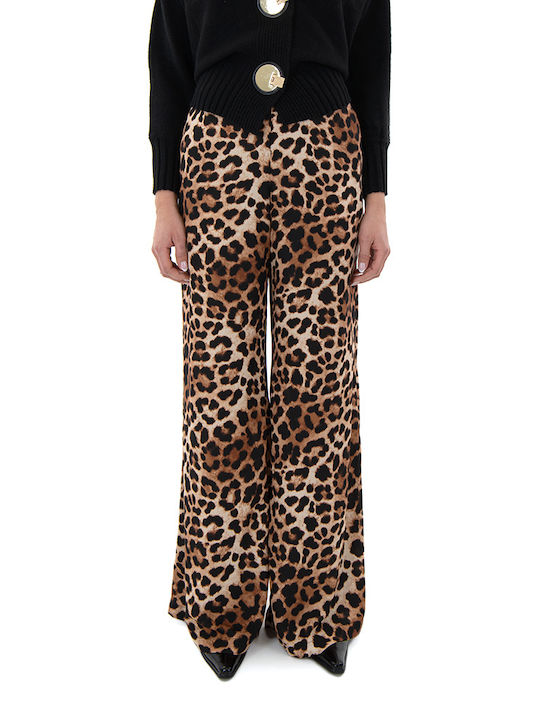 C. Manolo Pants Women C.manolo Women's High-waisted Fabric Trousers with Elastic in Wide Line Leopard Brown, Black