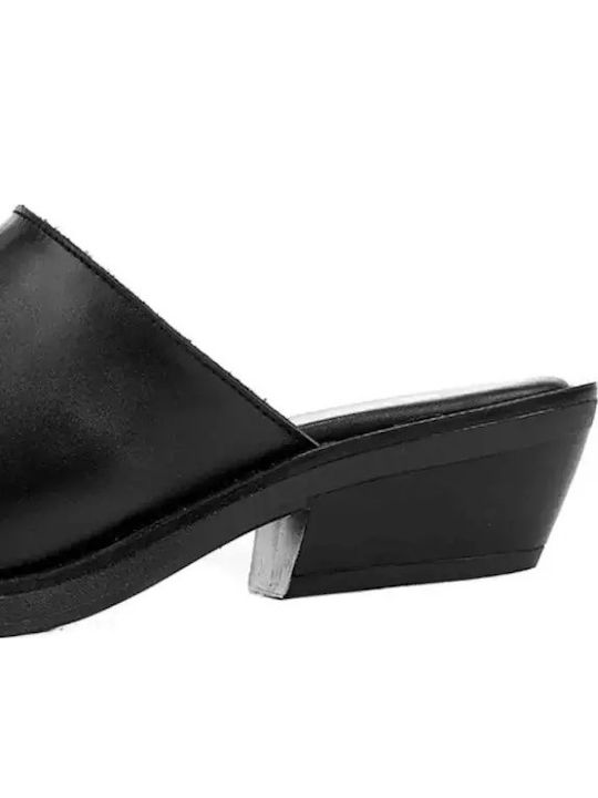 Leather Mules with Chunky Heel in Black Color