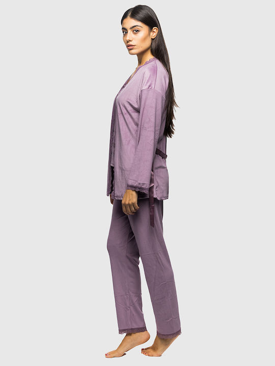 Mihra Winter Women's Velvet Robe with Pyjama Lila