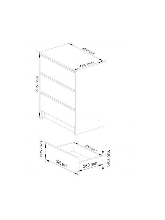 Comoda pentru Dormitor cu 3 sertare Sonoma Oak 60x40x77buc