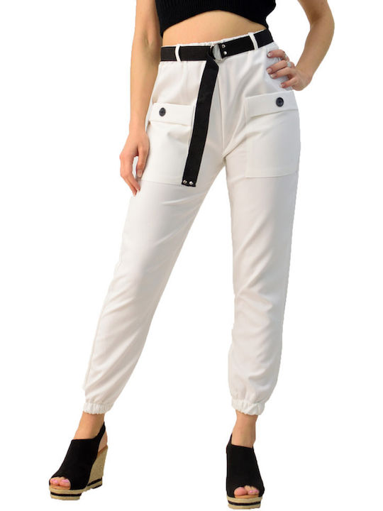 Damen Stoff Capri Hose mit Gummizug in Lockere Passform White