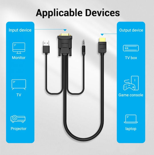 Vention Hdmi To Vga Cable Audio Output & Usb Power Supply 1m Black Abibf Venabibf
