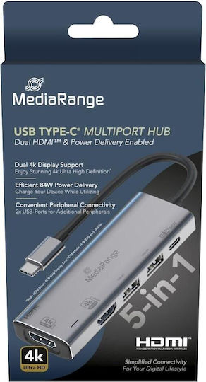 MediaRange USB-C Docking Station με HDMI 4K PD και σύνδεση 2 Οθονών Ασημί (MRCS511)