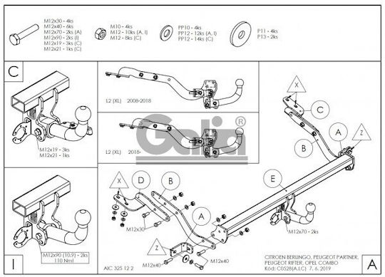Galia Tow Hook Car Citroen Berlingo Maximum Towing Weight 1600kg with Screws