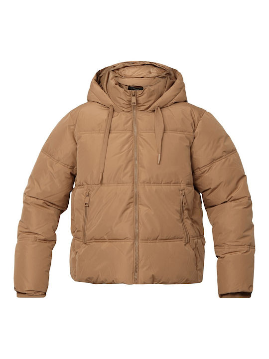 Women's Short Puffer Jacket for Winter with Hood Beige