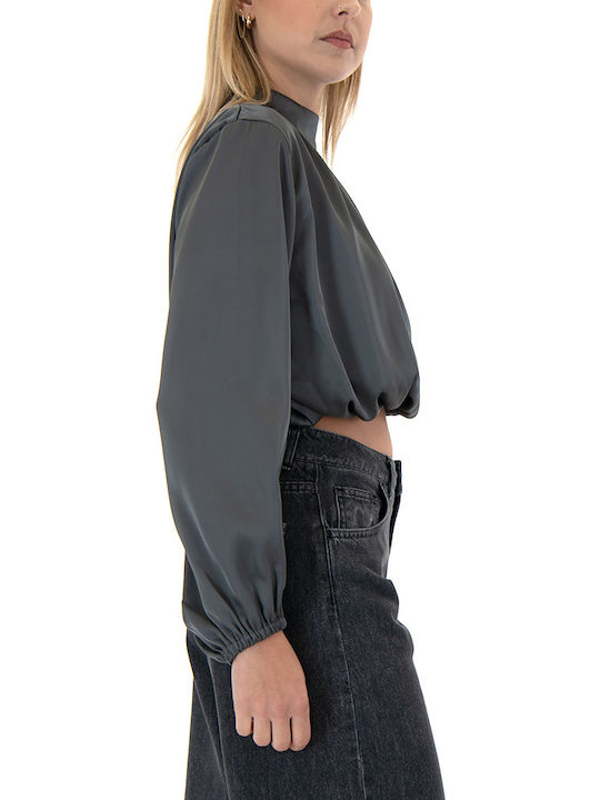 Γυναικείο Crop Top Σατέν Μακρυμάνικο Γκρι