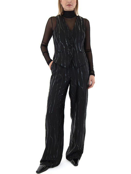 Women's High-waisted Fabric Trousers with Elastic in Wide Line Black
