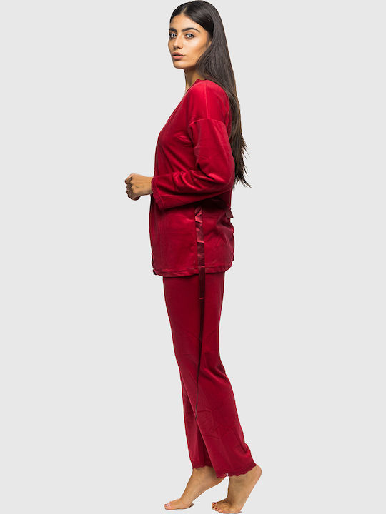 Mihra Winter Damen Pyjama-Set Samt Red