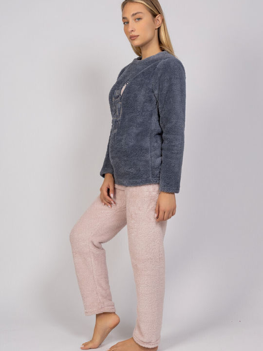 Sexen Χειμερινό Γυναικείο Σετ Πιτζάμας Fleece Μπλε