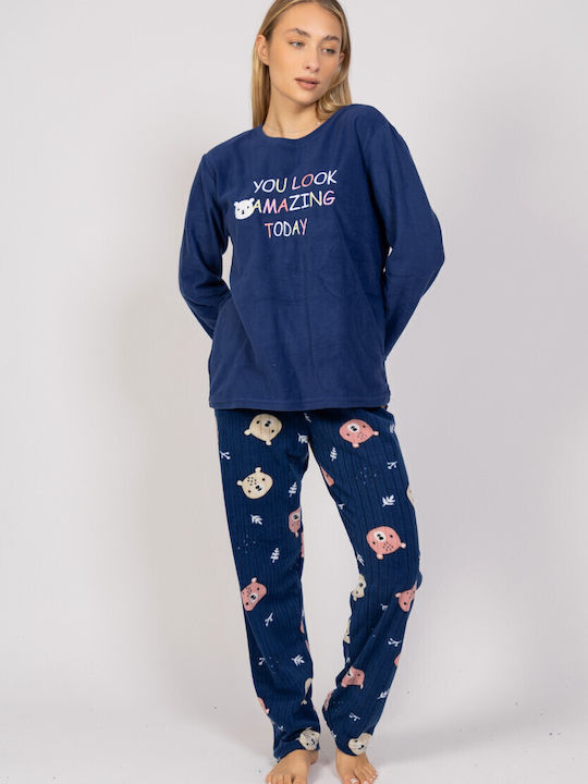 Sexen Χειμερινό Γυναικείο Σετ Πιτζάμας Fleece Μπλε