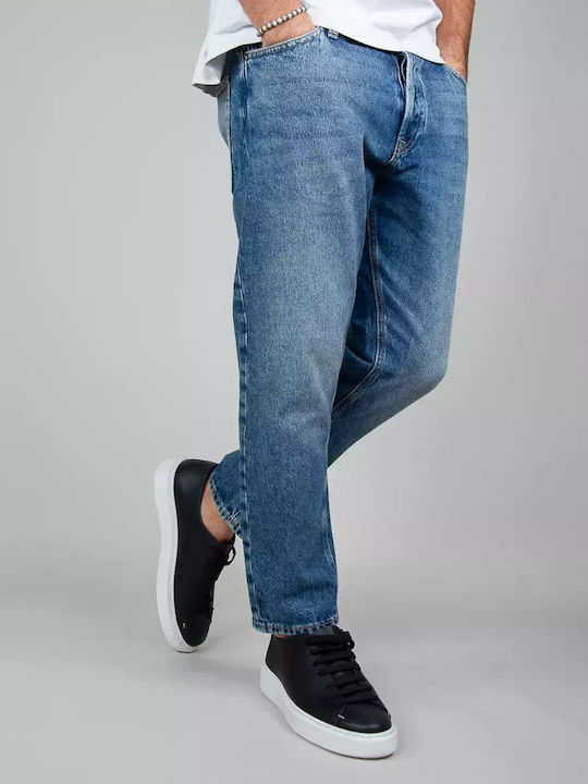 Frank Men's Cropped Elastic Jeans Pants With Slim Tapered Fit Blue Denim