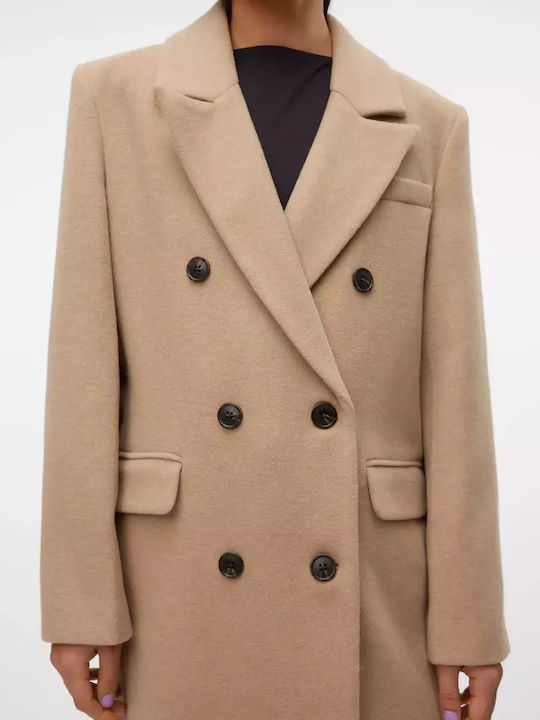 Wool Women's Beige Coat with Buttons