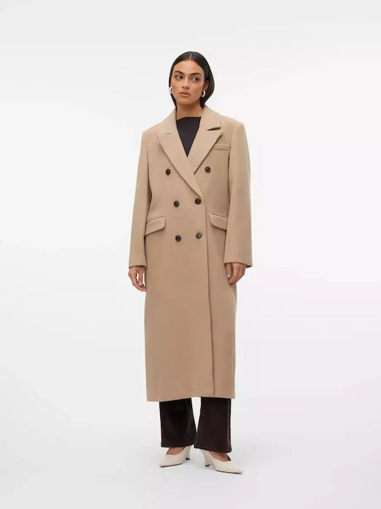 Wool Women's Beige Coat with Buttons