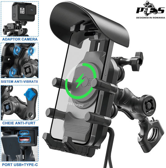 Motorcycle Atv Scooter Phone Holder Anti-vibration System Wireless Charging Usb Type-c Ports Handlebar Mirror Mount