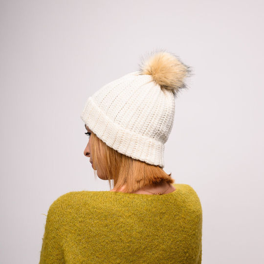 Pom Pom Beanie Beanie with Rib Knit in Beige color