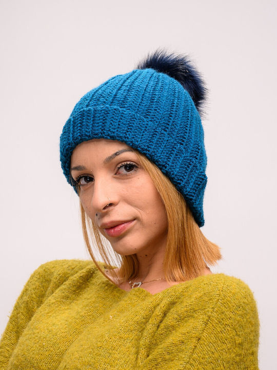 Pom Pom Beanie Frauen Beanie mit Rippstrick in Blau Farbe
