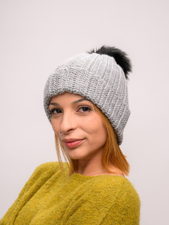 Pom Pom Beanie Feminin Căciulă cu Tricotaj Rib în culoarea Gri