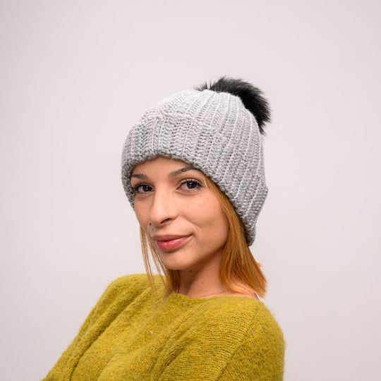 Pom Pom Beanie Feminin Căciulă cu Tricotaj Rib în culoarea Gri