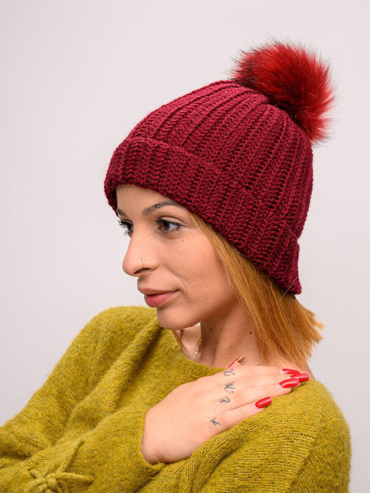 Pom Pom Beanie Γυναικείος Σκούφος με Rib Πλέξη σε Μπορντό χρώμα
