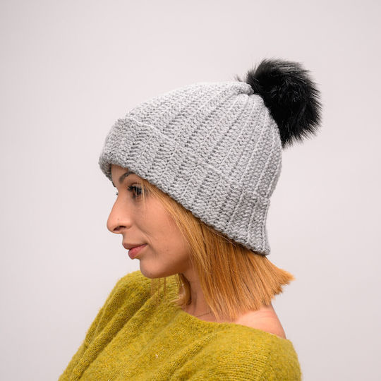 Pom Pom Beanie Feminin Căciulă cu Tricotaj Rib în culoarea Gri