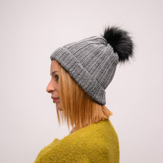 Pom Pom Beanie Beanie with Rib Knit in Gray color