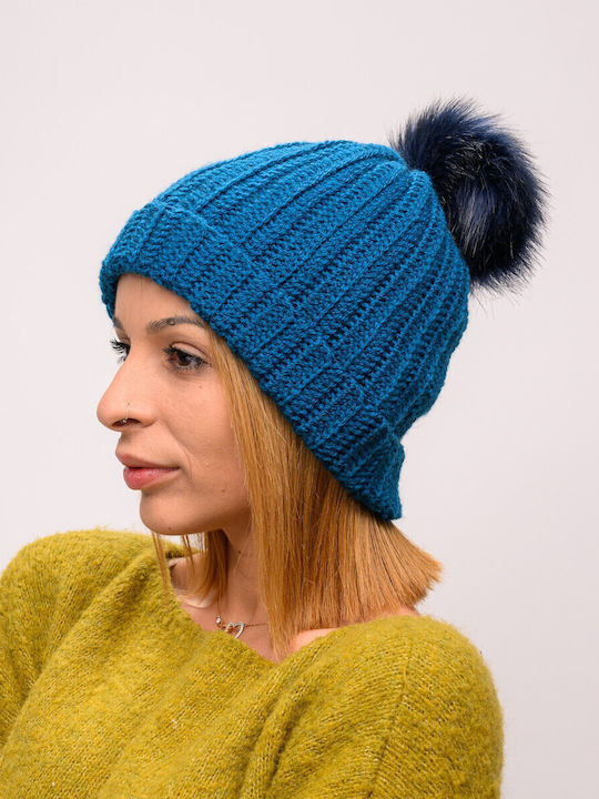 Pom Pom Beanie Frauen Beanie mit Rippstrick in Blau Farbe