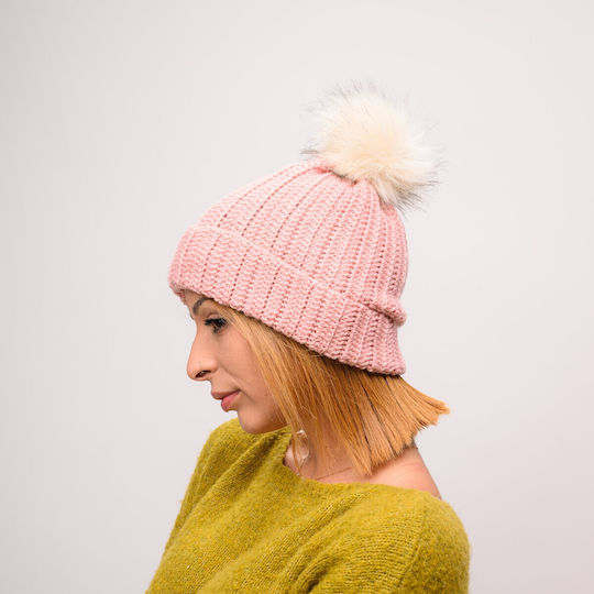 Pom Pom Beanie Γυναικείος Σκούφος με Rib Πλέξη σε Ροζ χρώμα