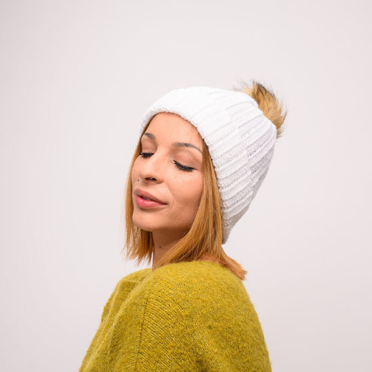 Pom Pom Beanie Beanie with Rib Knit in White color