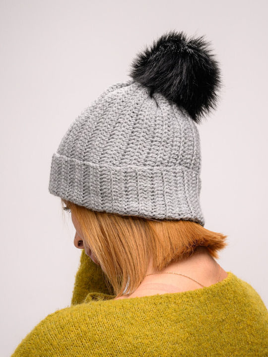 Pom Pom Beanie Feminin Căciulă cu Tricotaj Rib în culoarea Gri