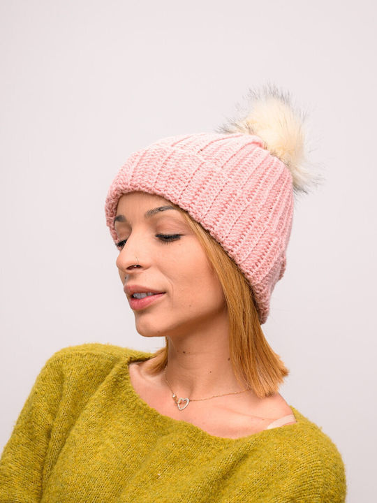 Pom Pom Beanie Γυναικείος Σκούφος με Rib Πλέξη σε Ροζ χρώμα