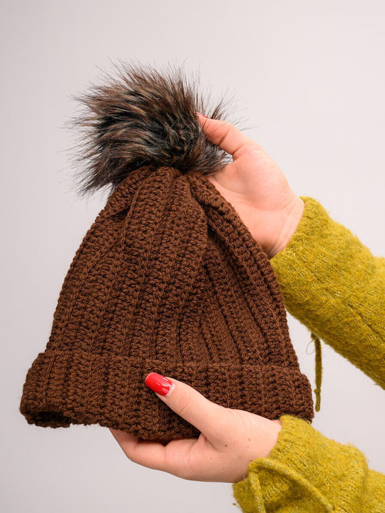 Pom Pom Beanie Γυναικείος Σκούφος με Rib Πλέξη σε Καφέ χρώμα