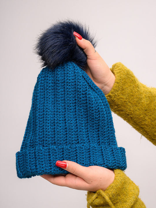 Pom Pom Beanie Frauen Beanie mit Rippstrick in Blau Farbe