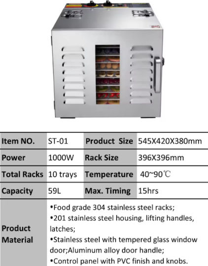 Food Dehydrator 10 Racks Adjustable Temperature 40-90°C Sterilization Function