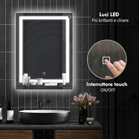 Kleankin Oglindă de Baie Lumini LED Atingere cu Raft 50x12cm Argintiu