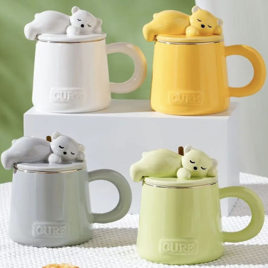 Ceramic Mug Lid Spoon Pufo Sleepy Bear Coffee Tea 320 Ml Yellow