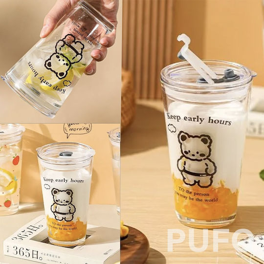 Pufo Bear Transparente Glas Tasse Kaffee Mit Deckel 450 Ml