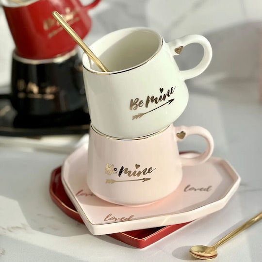 Ceramic Mug Heart-shaped Plate Pufo Be Mine Spoon Coffee Tea 180 Ml Pink