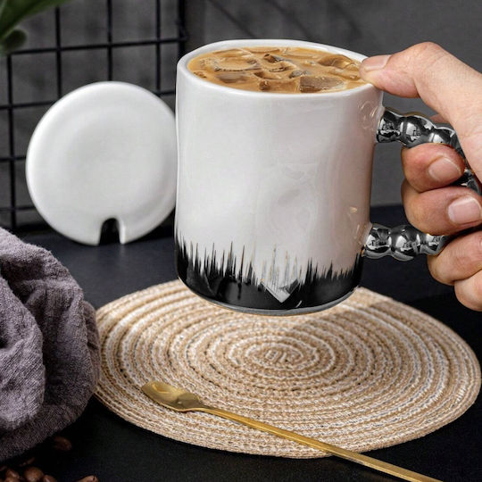 Keramische Tasse Mit Deckel Löffel Pufo Opulenz Kaffee Tee 250 ml Weiß Silber